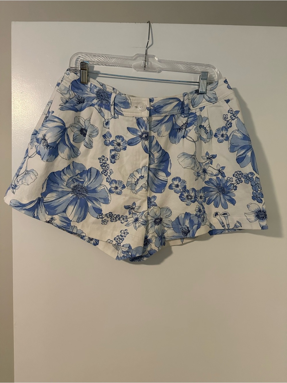 NWT Size L Francesca's White Shorts with Blue Floral Print